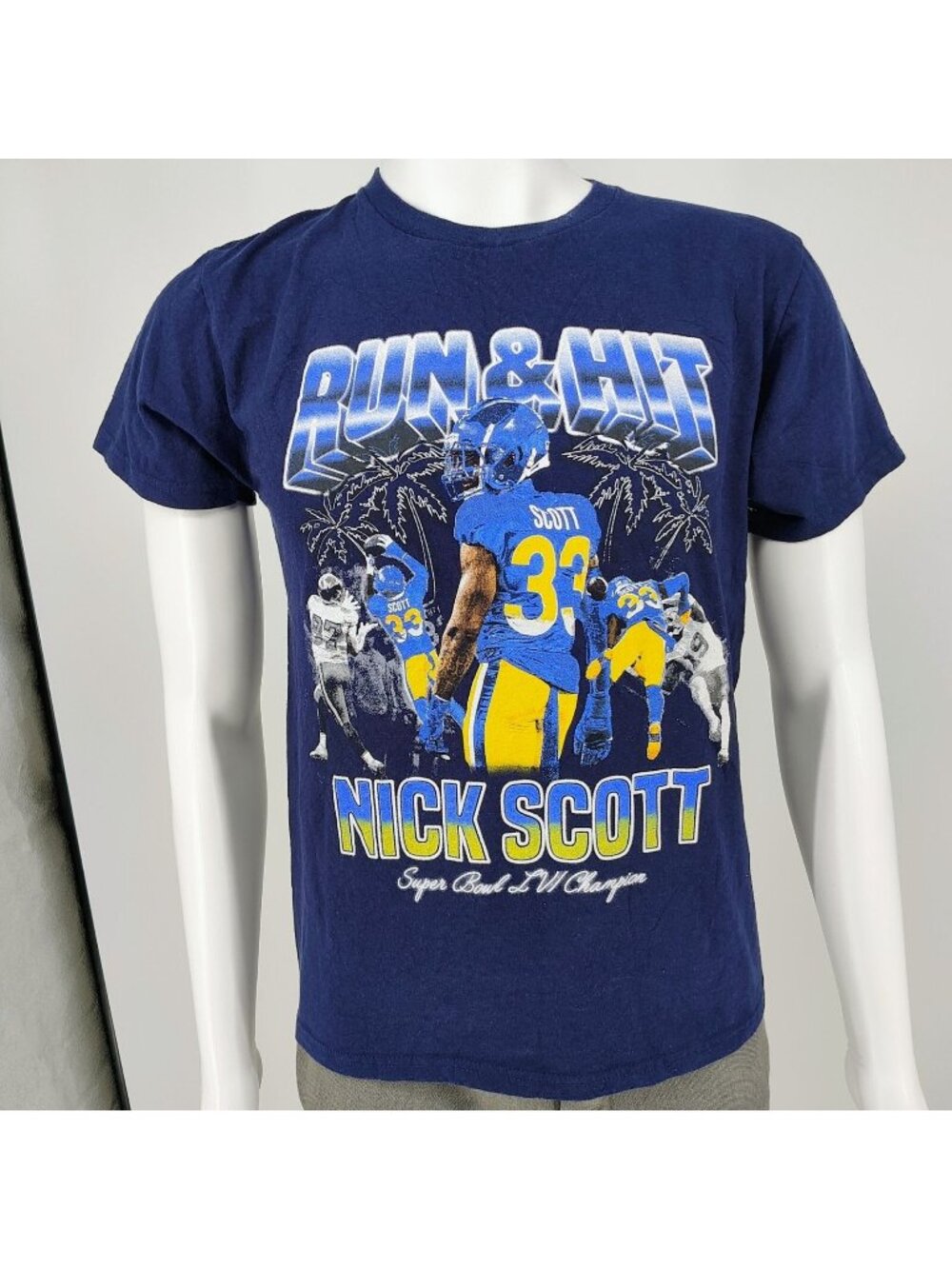 Run & Hit Nick Scott Super Bowl LVI Champion Rams Navy Graphic T-Shirt (Youth L)